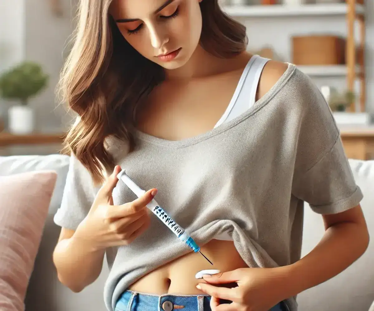 a woman administering an injection of Ozempic (semaglutide) in a safe and clean home environment